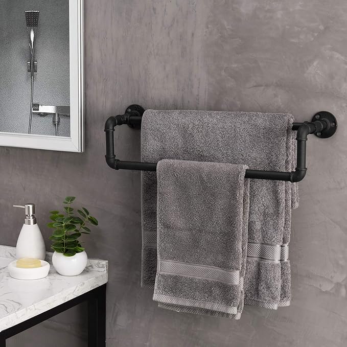 MyGift Double Towel Bar for Bathroom, Wall Mounted Bath Towel Rack, Hand Towel Holder, Farmhouse Rustic Bathroom Decor, Industrial Pipe Metal Matte Black