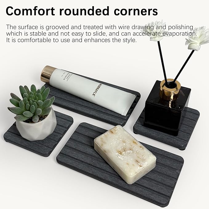 Set of 4 Bathroom Vanity Tray, Quick-Dry Diatomite Kitchen Tray with Non-Slip Pads | Water Absorbing Stone Used for Soap, Sponges, Cosmetics | Eco-Friendly Bath Sink Organizer
