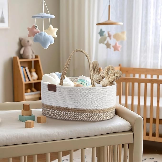 DECOMOMO Diaper Caddy, Empty Woven Basket for Gifts, Mother's Day Baby Baskets for Baby Shower Newborn (Spiral Beige & White, Large Gift Set)