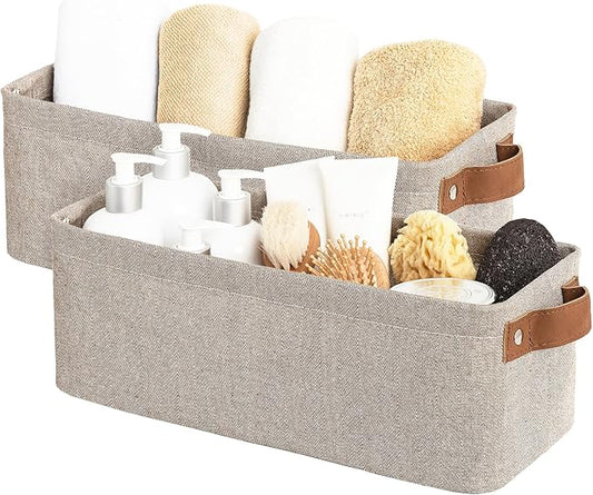 StorageWorks Narrow Storage Bins, Small Basket for Closet and Shelves, Fabric Organizer with Handles, Toilet Paper Storage, Brown and Beige, 2-Pack