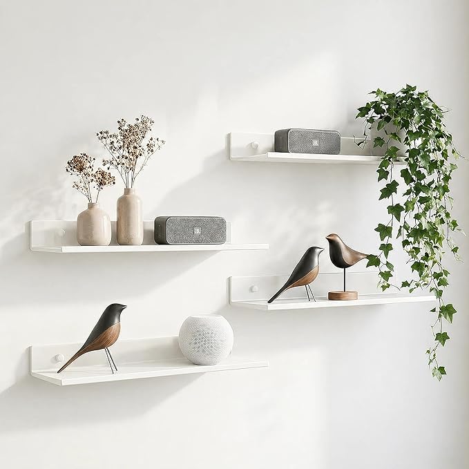 Z metnal Small Wall Shelves, Mini Display Metal Lack Floating Shelf for Collectables Figure, Aluminum, Wall Mounted, Sleek, White,12 x 5 inch, 2 Pack