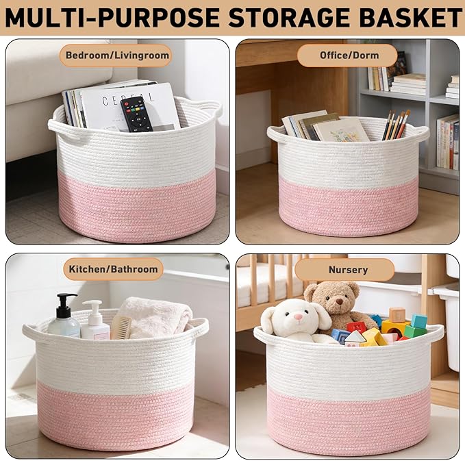 115L Extra Large Pink Woven Cotton Rope Basket with Handles, Kids Nursery Laundry Hamper for Toys, Blankets, Pillows & Comforters, Cute Storage Bin for Bedroom & Playroom