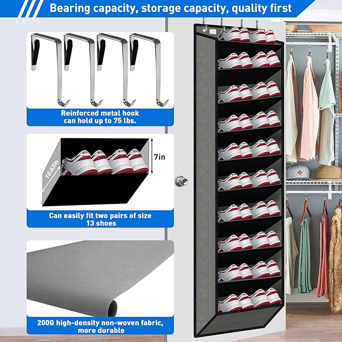 Over the Door Shoe Organizer, Large Shoe Rack for Door 10 Tiers, Heavy Duty Metal Hanging Hook for Shoe Storage, Space Saving Shoe Holder Fits All Family Heels Boots Sneakers - Dark Black