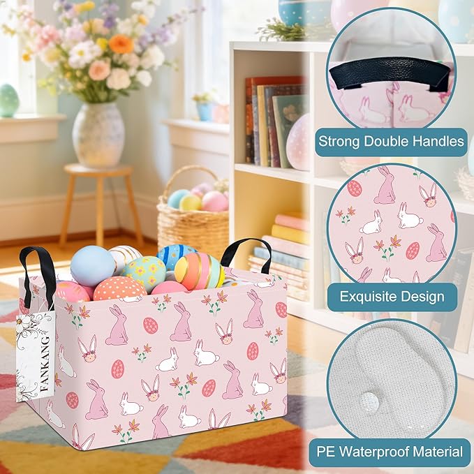 Storage Bins,Nursery Hamper Canvas Laundry Basket Foldable with Waterproof PE Coating Storage Baskets for Boys and Girls, Office, Bedroom, Clothes,Toys(Rec-Rabbit ）