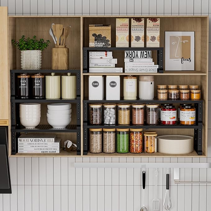 Metal Stackable Expandable Storage Rack, Adjustable Under Sink Shelf & Countertop Space Saving, Heavy-Duty Pantry Storage, Suitable for Kitchens, RV, Bathrooms, Workshops or Offices