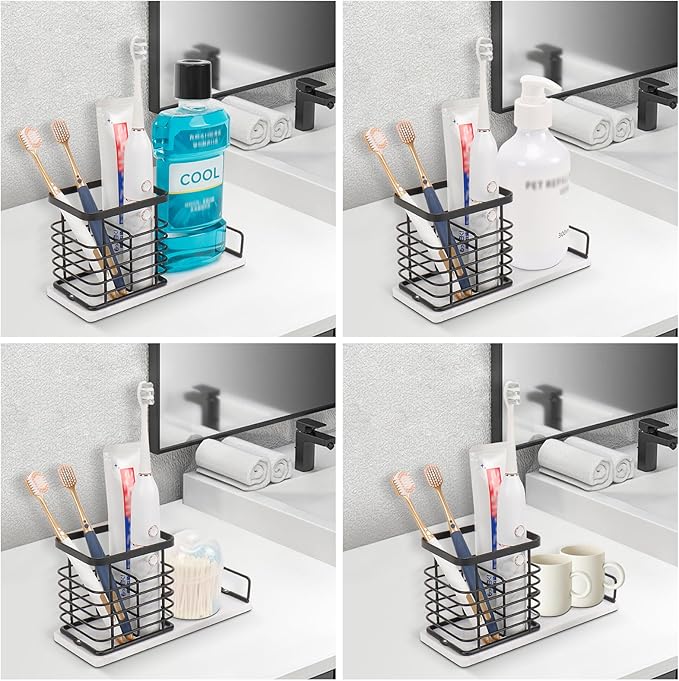 Toothbrush Holder, Luxurious Metal Toothbrush Toothpaste Holder with Marble Base for Bathroom, Multi-Slots Openwork Design, Bathroom Accessory for Storage and Organizer (Large, Matte Black)