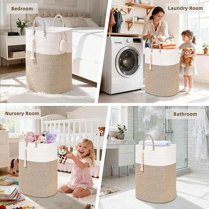 65L Woven Laundry Basket for Clothes, Large Rectangle Laundry Hampers with Beads Tassel, Nursery Storage Basket for Toys, Tall Dirty Clothes Hamper for Bedroom Aesthetic, Laundry Room Organization