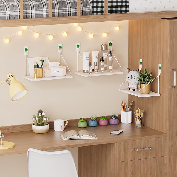 QsQueen Elevate Your Space with Rustic Wood Floating Shelves Set of 3- Perfect for Bedroom, Living Room, Bathroom, and Kitchen Decor - Easy Installation, No Drilling Needed! White