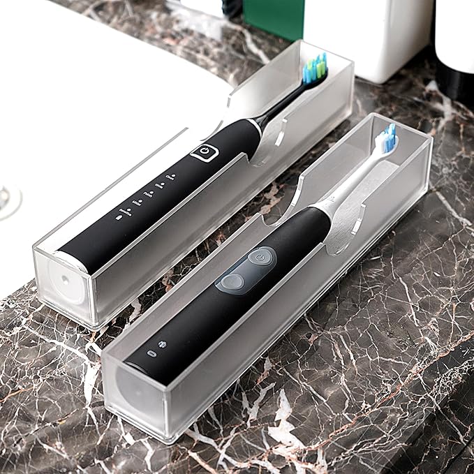 2Pack Acrylic Electric Toothbrush Holder with Diatomite Drying Stone, Bathroom Drawer Organizer with Drainage Hole for Tooth Brush, Compatible with Philips, Oral-B