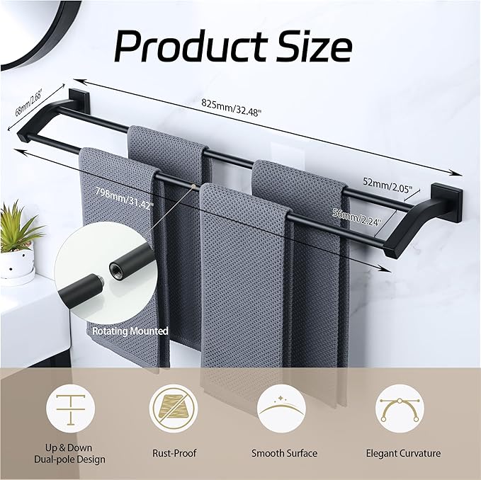 Alise Double Towel Bar, 32 Inch Towel Rack for Bathroom Wall Mounted, SUS304 Stainless Steel Bathroom Towel Holder Joining Process Towel Rail for Bathroom,Matte Black