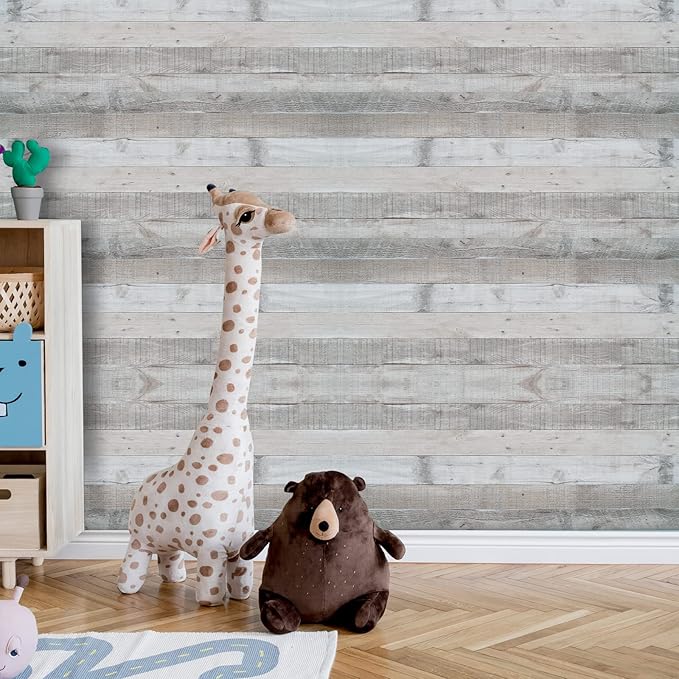Wenmer Grey Wood Shiplap Peel and Stick Wallpaper - 17.71" x 394" Self-Adhesive Wood Plank Wallpaper for Cabinets, Shelves, Drawers, Walls, Doors