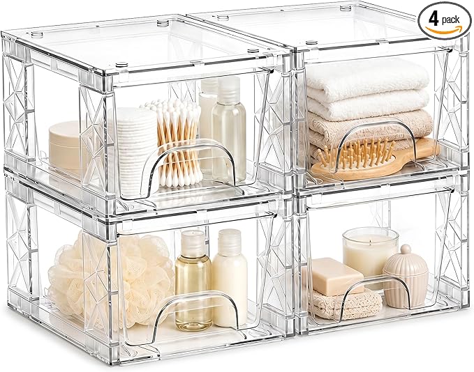 OUTUXED Under Bathroom Sink Organizer Stackable Storage Drawers 4.4in Small Acrylic Medicine Cabinet Bins, Simply Assembled Box Containers for Cosmetics, Bathroom, Kitchen, Snack(4 Pack)