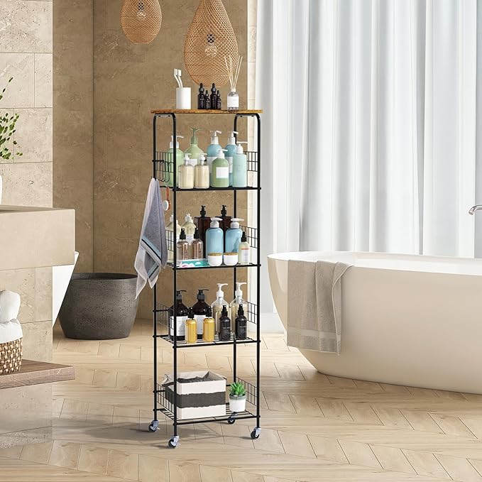 Storage Shelves with Wheels 5 Tier Metal Wire Storage Rack with Wooden Top, Versatile Utility Organizer with Side Hooks Free Standing Rolling Cart for Bathroom, Living Room, Kitchen, Laundry, Brown