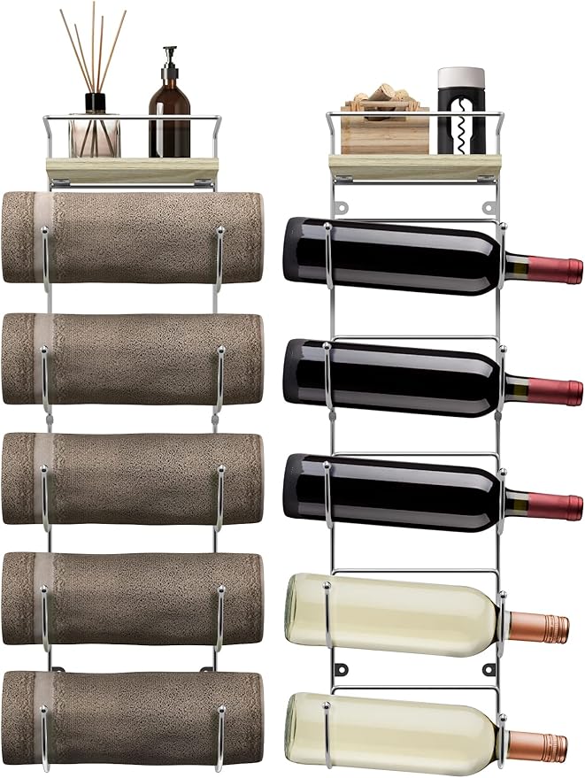 Sorbus Bathroom Towel Holder - 5 Tier Metal Towel Rack with Wood Shelf for Rolled Bath Towels, Washcloths, Linens, Hand Towels, Soaps & Accessories - Wall Mounted Towel Rack for Bathroom Towel Storage