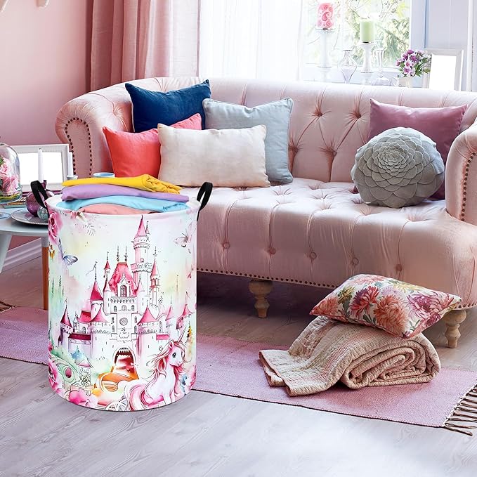 Round Castle Pattern Laundry Hamper Clothes Storage Basket Fabric Storage Hamper Organization Storage Bin, Nursery Box,Gift Basket with Handles