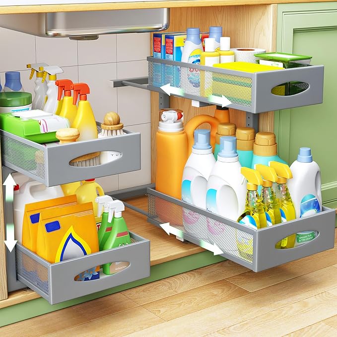 2 Pack Under Sink Organizer, 2 Tier Pull out Cabinet Organizer Mesh Baskets with 5 Adjustable Heights, Sliding Drawers Storage Shelf for Home, Kitchen, Bathroom, Pantry, Office, Countertop ,Grey