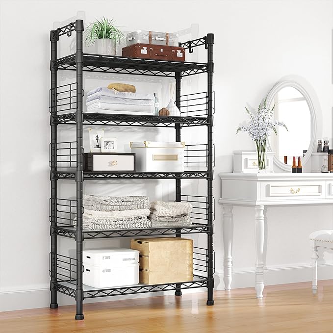 FUTASSI Large Metal Storage Rack, Storage Organizer Shelves for Kitchen, Bathroom, Living Room, Balcony and Garage, 5 Tiers Narrow Bookshelf, 29.5" W x 9.4" D x 59.2" H, Load 480lbs, Black