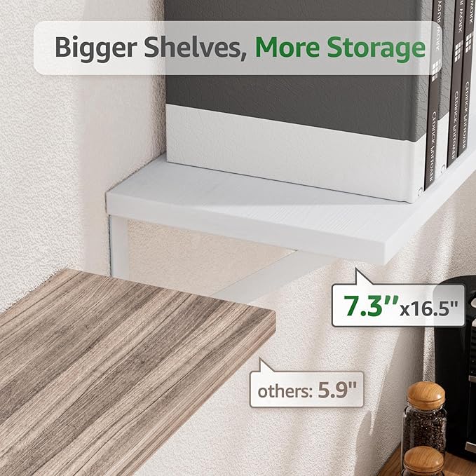 COCOYA Wall Shelves 7.3" Deep Set of 2, Solid Paulownia Wood Wider Longer Sturdy Easy to Install Wall Mounted Bookshelves Storage Shelves Bathroom Storage Office Laundry Room Bedroom Organizer White