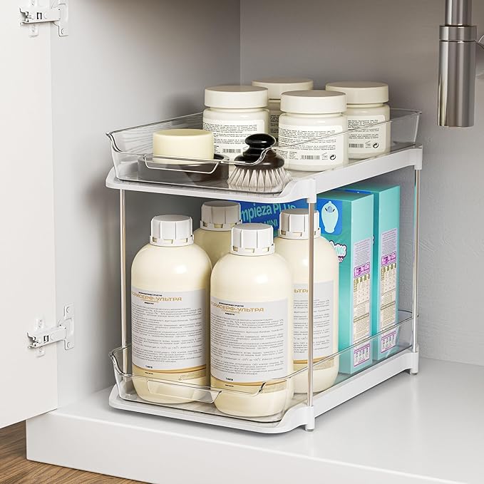 Delamu 2-Tier Bathroom Under Sink Organizers and Storage, Pull Out Cabinet Drawers with Anti-Slip Design, Multi-Purpose Storage for Kitchen, Pantry, Bathroom & Home Organization, Snowy, 1 Pack