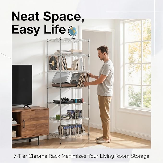 Finnhomy Heavy Duty 7 Tier Wire Shelving, 24x24x72 inches 7 Shelves Storage Rack with Thicken Steel Tube, Pantry Shelves for Storage, Adjustable Metal Shelf Unit, NSF Certified, Chrome