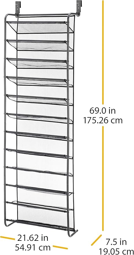 Whitmor 36 Pair Over the Door Shoe Organizer, 12 Tier Hanging Shoe Organizer, Heavy Duty Metal & Mesh Shoe Holder, Hanging Shoe Rack for Closet Storage, 74"L x 21.7"W x 7.5"H, Gunmetal Gray