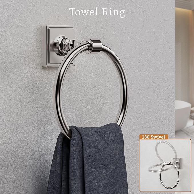 Brushed Nickel Bathroom Towel Bar Set, 5 Piece Bathroom Hardware Accessory Set, SUS304 Stainless Steel 24" Towel Rack Holder Set for Bathroom, Wall Mounted