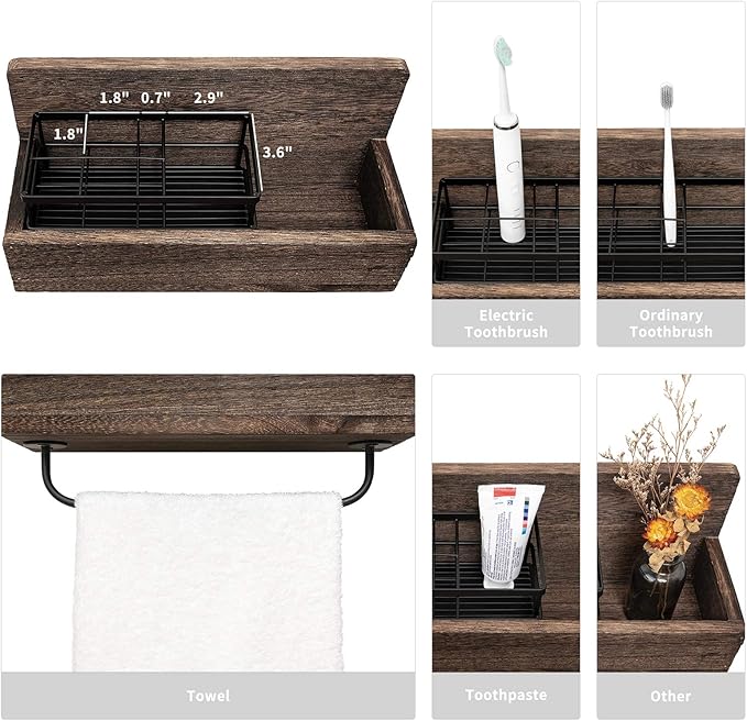 Dahey Wall Mounted Toothbrush Holder Wooden Electric Toothbrush Organizer Multifunctional Stand Towel Rack Toothpaste Dispensers Rustic Farmhouse Bathroom Decor