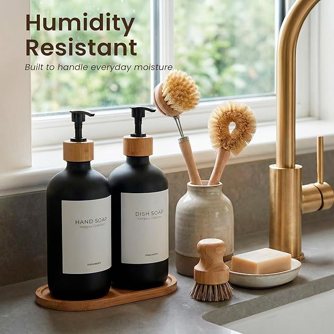 MaisoNovo Glass Dish Soap Dispenser for Kitchen Set of 2-16.9oz Dish and Hand Soap Dispenser Set for Kitchen - Black Glass Bottles x 2 with Black Bamboo Pumps & Tray