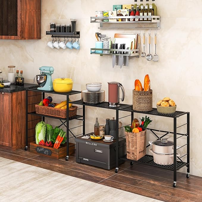 GOFLAME 5-Tier Folding Storage Shelves Set of 2, Adjustable Shelves with Wheels, Detachable Shelving Unit, Large Capacity, Storage Rack for Garage, Kitchen, Balcony, Living Room, Black
