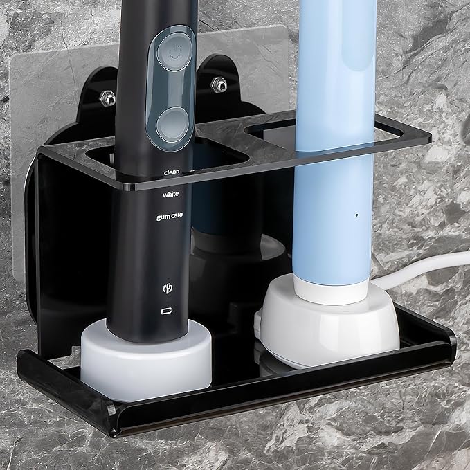 2Pack Electric Toothbrush Holder Wall Mounted, Electric Toothbrush Cord Organizer Holds 2 Chargers, Self Adhesive Electric Toothbrush Stand for Bathroom, Medicine Cabinet, Dorm(Black)