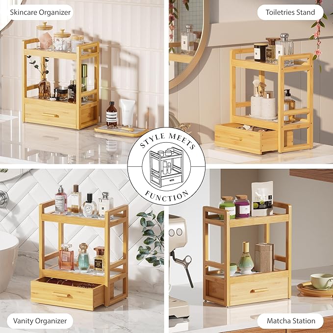 Bamboo Bathroom Countertop Organizer, 2 Tier Vanity Organizer with Drawer for Skincare & Makeup, Countertop Storage with Stone Drying Mat for Coffee Bar, Kitchen, Matcha Station
