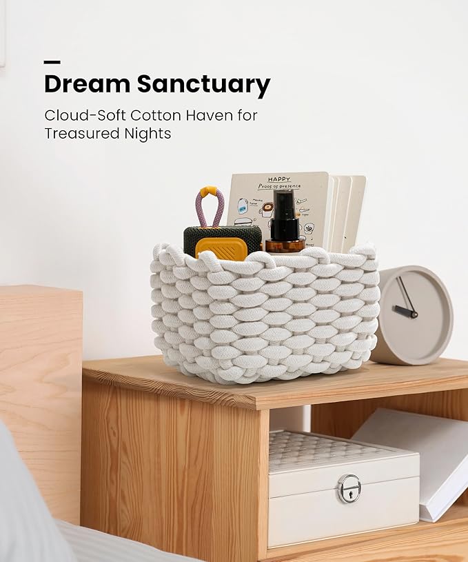 Small Macrame Woven Storage Baskets 2 Pack – Boho Cotton Rope Bins for Bathroom, Bedroom, Desk & Vanity Organizer – White & White, 7x5.5x5 Inches