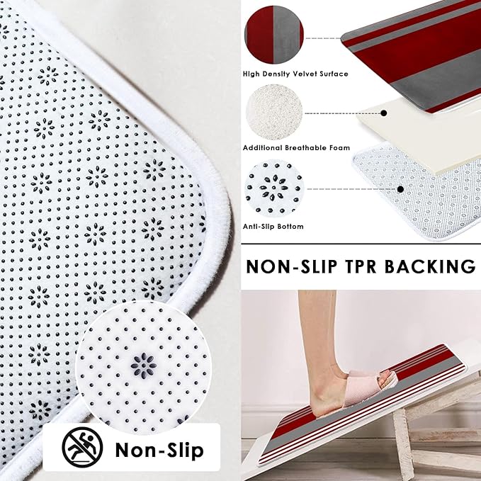 Red Burgundy Stripes Shower Curtain Set with Toilet Lid Cover and Non-Slip Rugs for Bathroom, Modern Grey Lines 4 Pcs Shower Curtain, Vintage Abstract Beautiful Bathroom Set with 12 Hooks