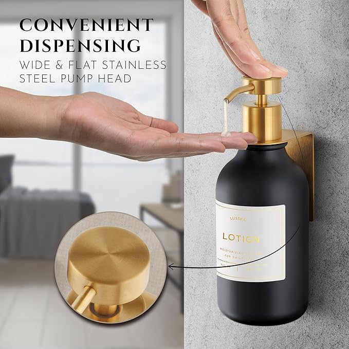 Shower Shampoo Dispenser Wall Mounted – 3 Refillable 16.9 oz Black Bottles with Stainless Steel Pumps & No-Drill Adhesive Holders – Soap Dispenser Set for Bathroom (3 X Black/Gold)