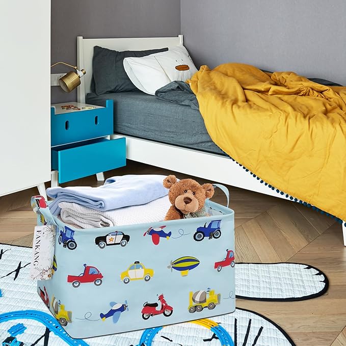 Storage Basket,Nursery Hamper Canvas Laundry Basket Foldable with Waterproof PE Coating Storage, Office, Bedroom, Clothes,Toys (Rec-Car)