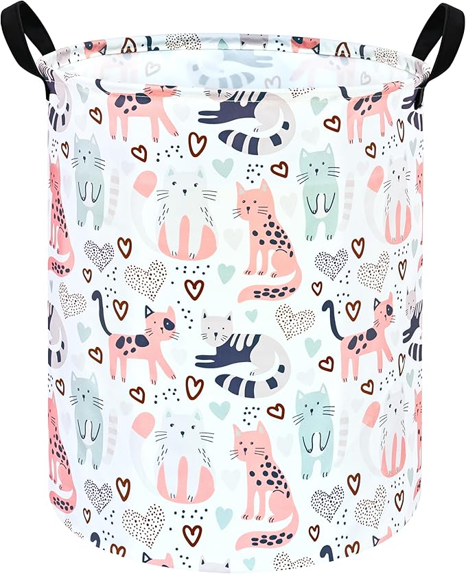 Kids Laundry Hamper Clothes Gift Basket Storage Laundry Baskets Organizer Bin with Handles for Nursery Room (Cat)