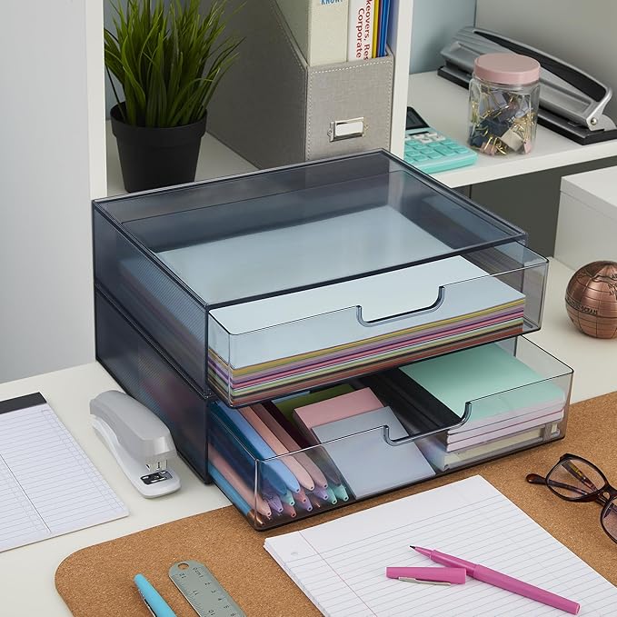 STORi STAX Plastic Stackable Organizer Drawers (Set of 2) Classic Grey | 12.5" Wide | Set Includes Two Open Drawer | Organize Office Desk Accessories & Sort Paper | Made in USA