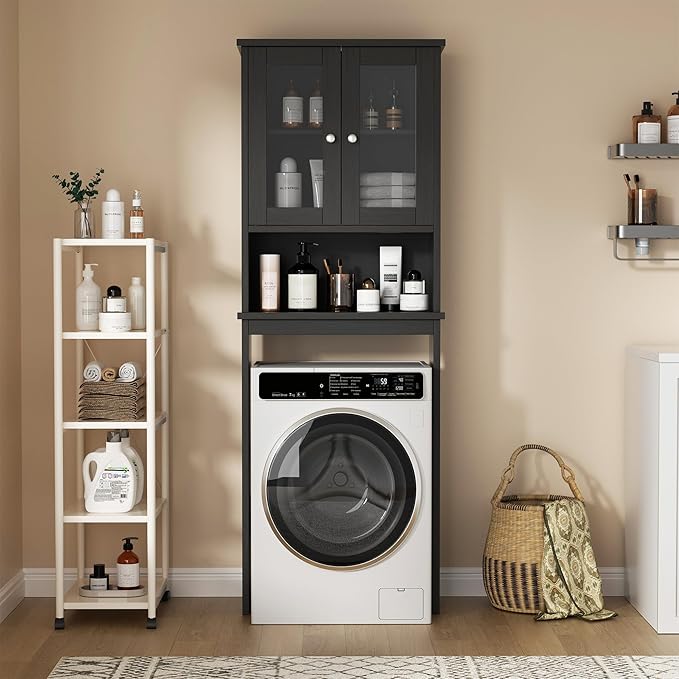Nuturelly Over The Toilet Storage Cabinet, Bathroom Storage Organizer with Adjustable Shelves and Double Glass Doors, Freestanding Above Toilet Storage with Open Shelf, Wooden Toilet Rack(Black)
