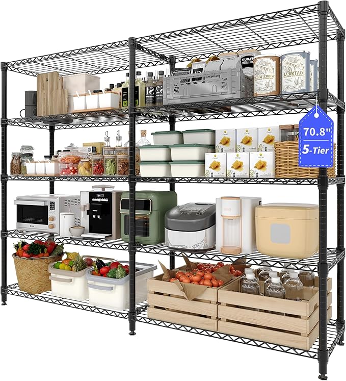 70" H 5-Tier Metal Storage Rack, Heavy Duty Wire Shelving Unit with Adjustable Shelves, 1325 Lbs Capacity for Kitchen, Pantry, Bedroom, or Corner Organization