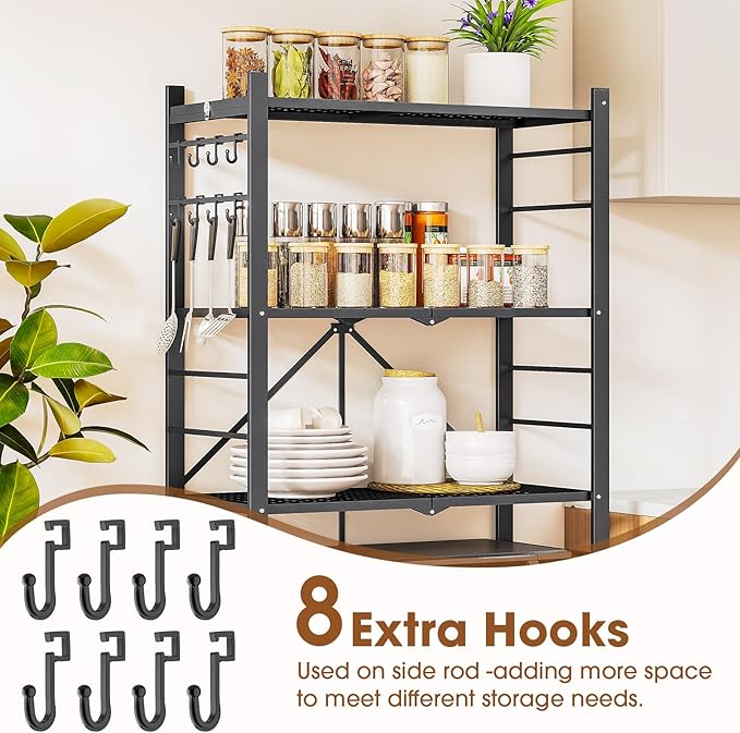 5-Tier Folding Metal Storage Shelf with Wheels & Hooks, Heavy Duty Utility Rack, No-Assembly Collapsible Organizer for Kitchen, Garage, Office, Living Room – 750 lbs Capacity(Black, 5-Tier)
