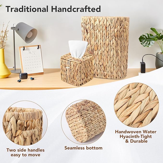 Bathroom Accessory Set, 10 Pieces Bath Set- Wicker Trash Can Tissue Box Soap Dish Toothbrush Holder Rinse Cup Lotion Bottle Toilet Brush Qtip Holder - Practical Bathroom Decor Sets (Ratten Black)