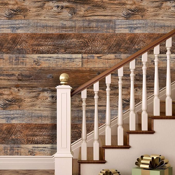 WENMER 23.6" x 78.7" Brown Wood Peel and Stick Wallpaper Shiplap Self Adhesive Wall Paper Wood Plank Wallpaper for Cabinet Countertop Shelf Drawer Wall Door