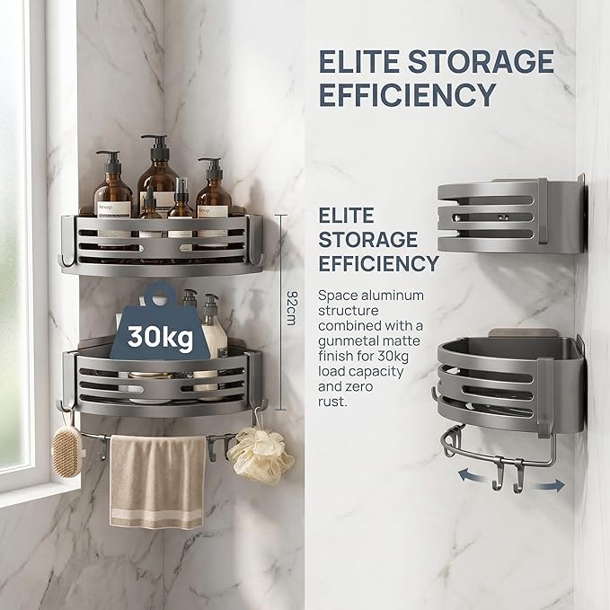 corner shower rack, non drilled self-adhesive corner rack, shower rack, shower caddy，cormer shelf，Storage rack， 2-piece， set matte gray，space aluminum