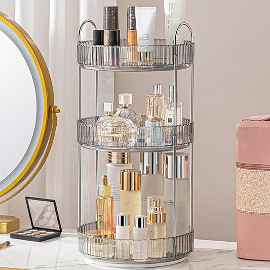 Aveniee Rotating Makeup Organizer for Vanity, 3 Tier Perfume Skincare Organizers and Storage for Bathroom Countertop, Clear Spinning Counter Cosmetic Holder for Dresser,Grey