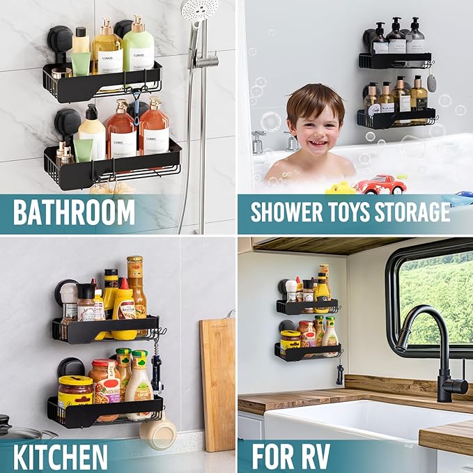 TAILI Shower Caddy Suction Cup 2 Pack With Visible Safety Indicator, Stainless Steel Rustproof Shower Shelves, No Drilling Wall Mounted Basket, Upgraded Removable Suction Cup Bathroom,Black Organizers