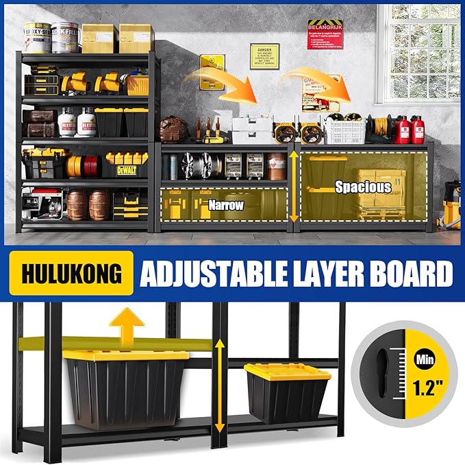 72"H Garage Shelving, Adjustable Garage Storage Shelves 3000LBS Heavy Duty Shelving 5-Tier Metal Shelving Units fou Garage, Utility Shelf Rack for Warehouse,Basement, Shop, 72''H x 45.7''W x 19.7''D