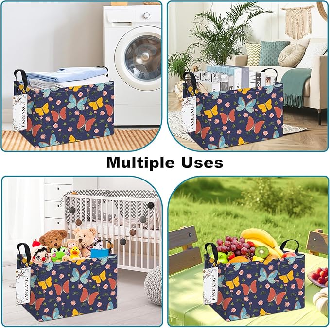 Storage Bins, Nursery Hamper Canvas Laundry Basket Foldable with Waterproof PE Coating Large Storage Baskets for Kids Boys and Girls, Office, Bedroom, Clothes,Toys(Rec-Colorful Butterfly ）