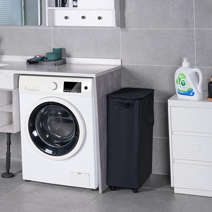 Vincona Slim Laundry Hamper with Lid and Wheels, Small Rolling Laundry Basket with Handle for Small Spaces, Tall Dirty Clothes Hampers for Dorm, Bathroom and Bedroom, 75L Black