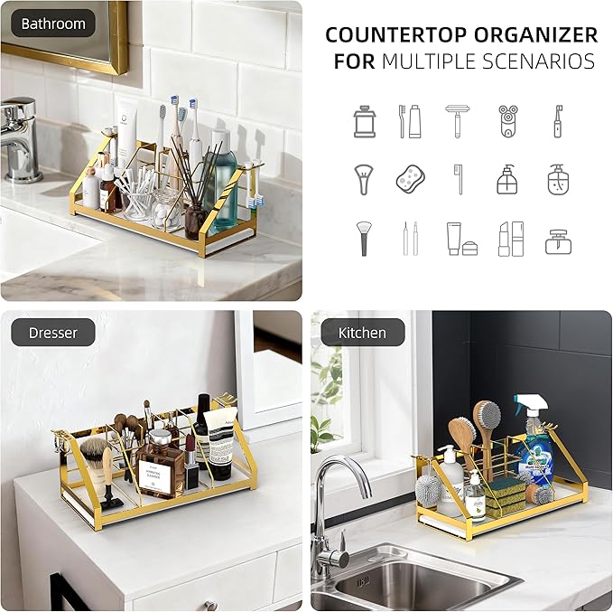 Toothbrush Holders Bathroom Counter Organizer and Storage with Removable Electric Toothbrush Head Holder and Divider, Bathroom Organizer with Diatomite Drying Stone Mat for Vanity, Kitchen, Dresser