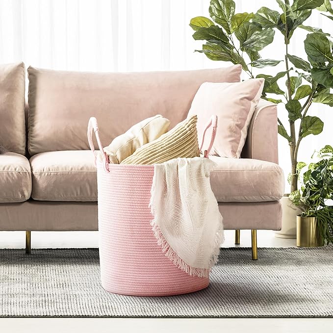 Laundry Basket – Laundry Hamper for Clothes, Blankets, Yoga Mat – Woven Cotton Rope Basket for Living Room, Nursery Room – Boho Style – 15”D x 18”H – Light Pink